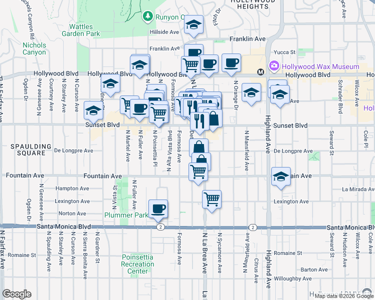 map of restaurants, bars, coffee shops, grocery stores, and more near 7141 De Longpre Avenue in Los Angeles
