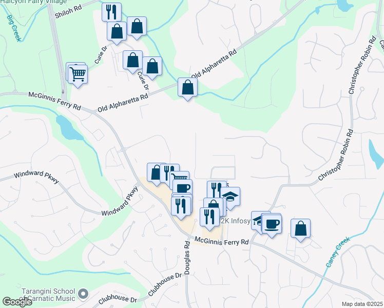 map of restaurants, bars, coffee shops, grocery stores, and more near 4880 Hastings Terrace in Alpharetta