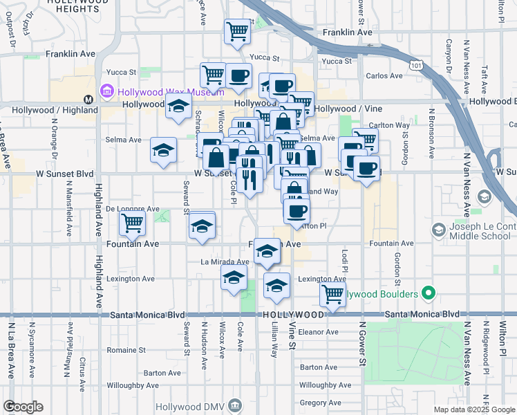 map of restaurants, bars, coffee shops, grocery stores, and more near 6390 De Longpre Avenue in Los Angeles