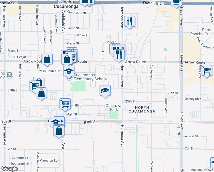 map of restaurants, bars, coffee shops, grocery stores, and more near 8664 Oak Drive in Rancho Cucamonga