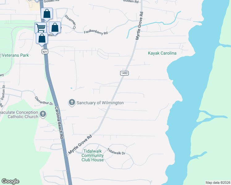 map of restaurants, bars, coffee shops, grocery stores, and more near 7462 Myrtle Grove Road in Wilmington