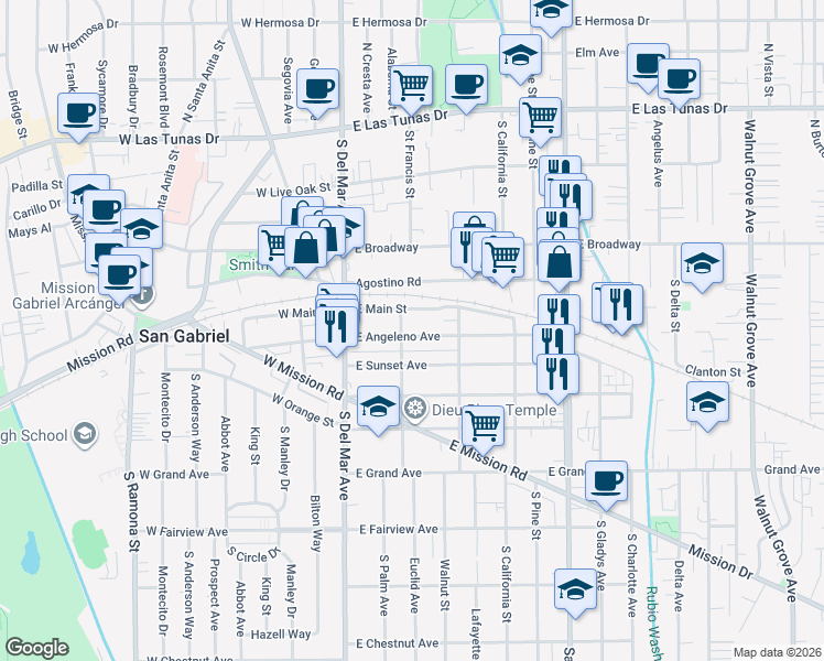 map of restaurants, bars, coffee shops, grocery stores, and more near 307 East Angeleno Avenue in San Gabriel