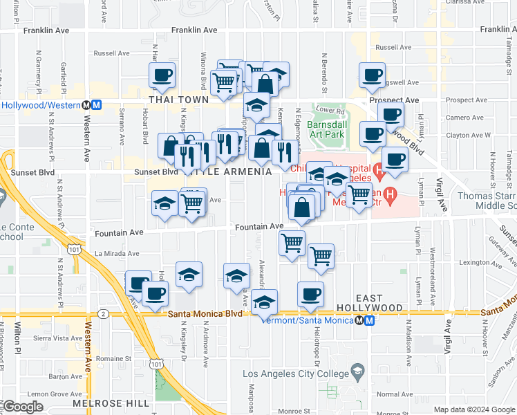 map of restaurants, bars, coffee shops, grocery stores, and more near 1333 Alexandria Avenue in Los Angeles