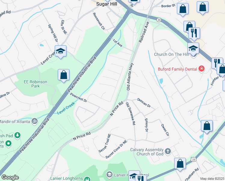 map of restaurants, bars, coffee shops, grocery stores, and more near 1198 Pine Acre Drive Northeast in Sugar Hill