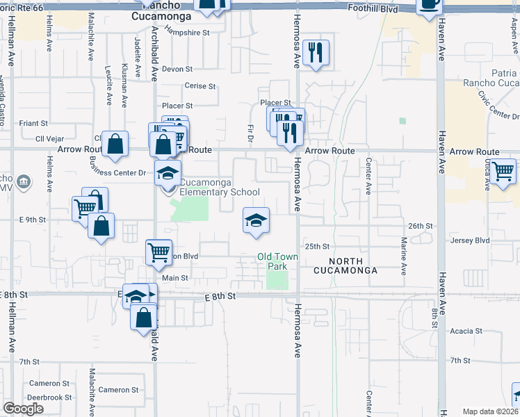 map of restaurants, bars, coffee shops, grocery stores, and more near 8649 Oak Drive in Rancho Cucamonga