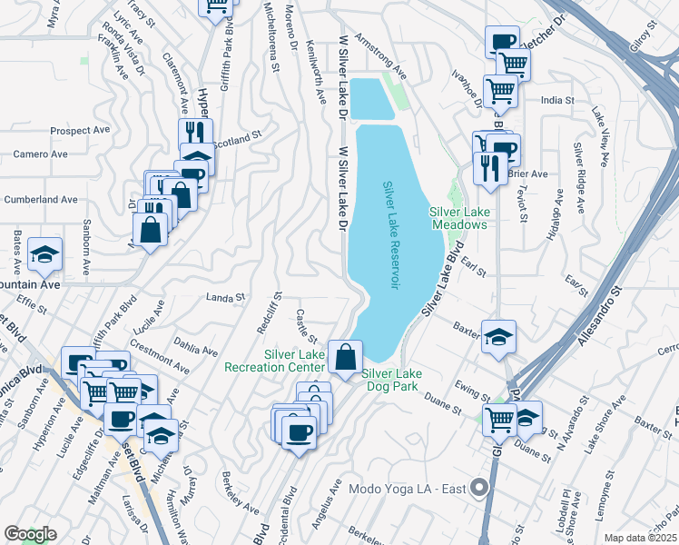 map of restaurants, bars, coffee shops, grocery stores, and more near 2025 Balmer Drive in Los Angeles