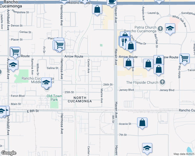 map of restaurants, bars, coffee shops, grocery stores, and more near 10357 Bold Red Drive in Rancho Cucamonga