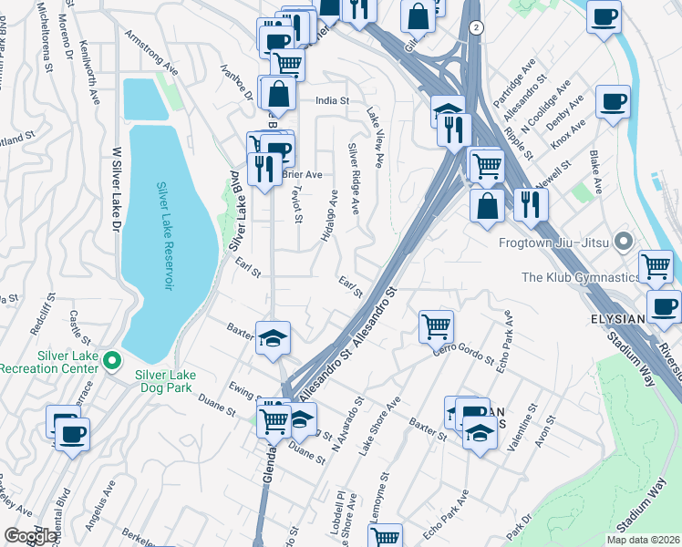map of restaurants, bars, coffee shops, grocery stores, and more near 2261 Earl Street in Los Angeles