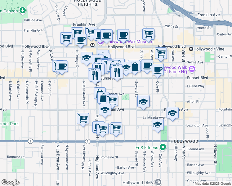 map of restaurants, bars, coffee shops, grocery stores, and more near 6685 De Longpre Avenue in Los Angeles