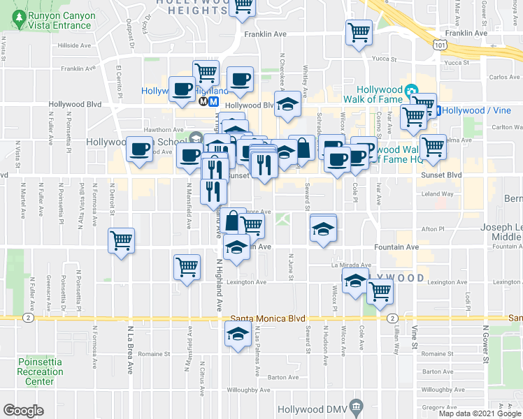 map of restaurants, bars, coffee shops, grocery stores, and more near 6685 De Longpre Avenue in Los Angeles