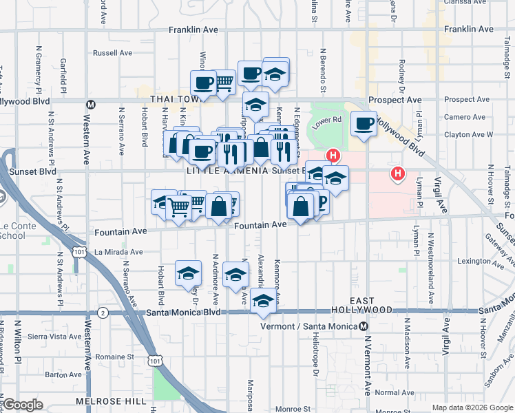 map of restaurants, bars, coffee shops, grocery stores, and more near 1333 Alexandria Avenue in Los Angeles