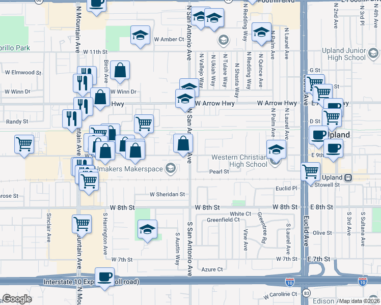 map of restaurants, bars, coffee shops, grocery stores, and more near 823 West 9th Street in Upland