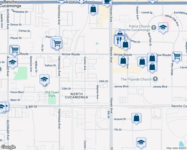 map of restaurants, bars, coffee shops, grocery stores, and more near 10357 Bold Red Drive in Rancho Cucamonga