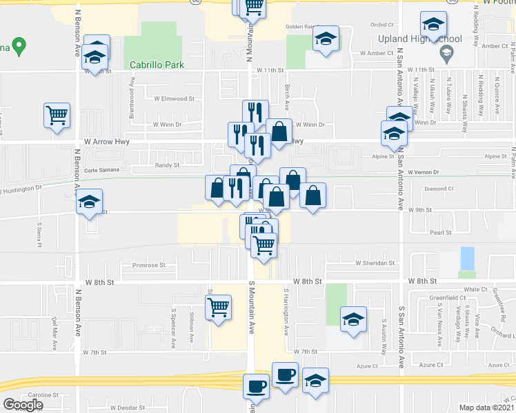 map of restaurants, bars, coffee shops, grocery stores, and more near 222 North Mountain Avenue in Upland