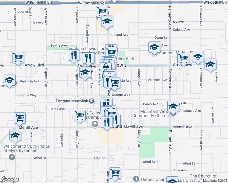 map of restaurants, bars, coffee shops, grocery stores, and more near 8676 Wheeler Avenue in Fontana