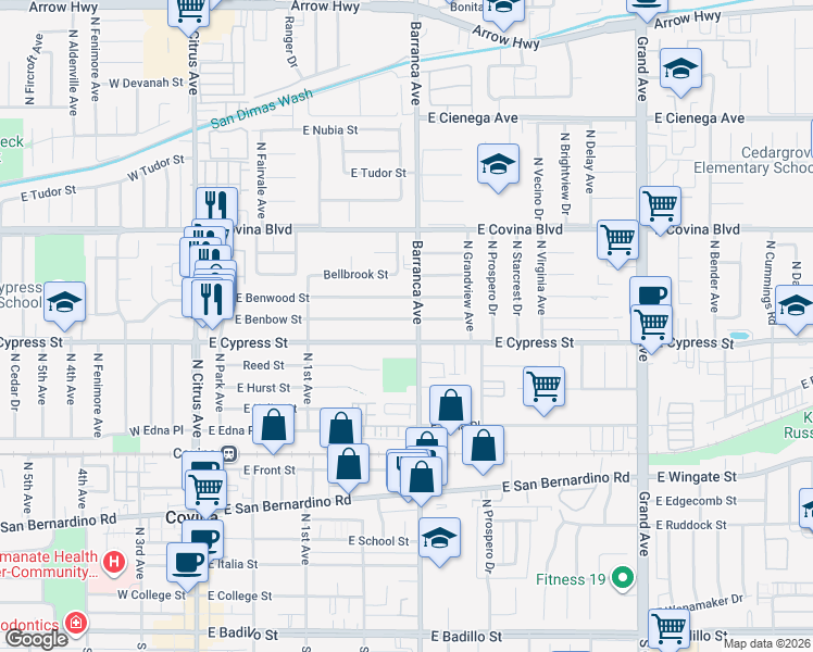 map of restaurants, bars, coffee shops, grocery stores, and more near 474 East Benbow Street in Covina