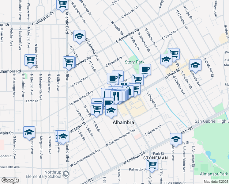 map of restaurants, bars, coffee shops, grocery stores, and more near 127 North Garfield Avenue in Alhambra