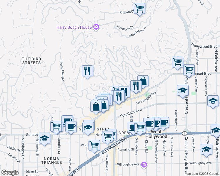 map of restaurants, bars, coffee shops, grocery stores, and more near 1400 Miller Drive in Los Angeles