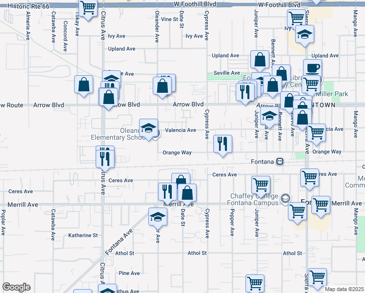 map of restaurants, bars, coffee shops, grocery stores, and more near 16398 Orange Way in Fontana