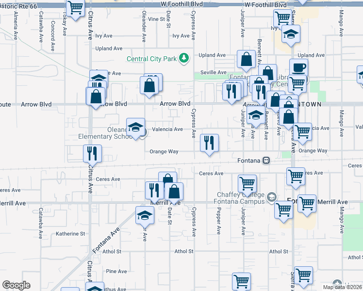 map of restaurants, bars, coffee shops, grocery stores, and more near 16450 Orange Way in Fontana