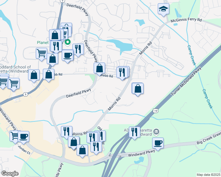 map of restaurants, bars, coffee shops, grocery stores, and more near 13010 Morris Road in Alpharetta