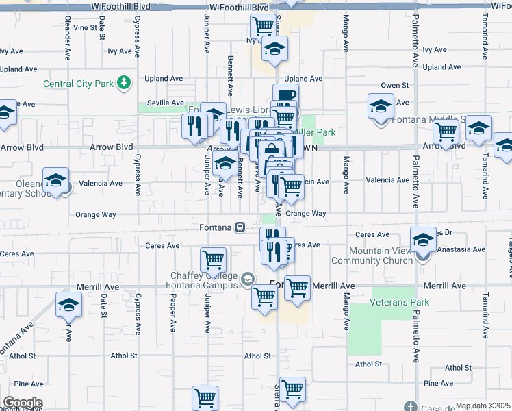 map of restaurants, bars, coffee shops, grocery stores, and more near 8684 Sierra Avenue in Fontana