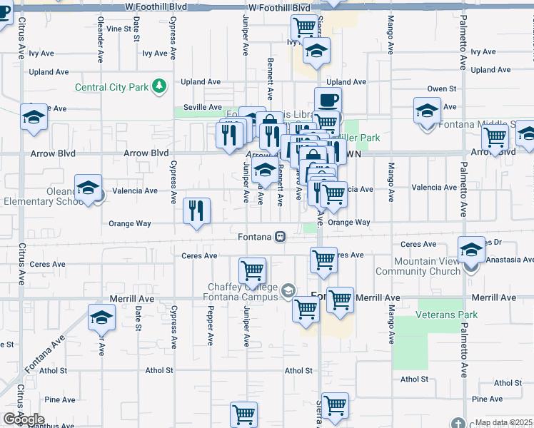 map of restaurants, bars, coffee shops, grocery stores, and more near 8658 Rosena Avenue in Fontana