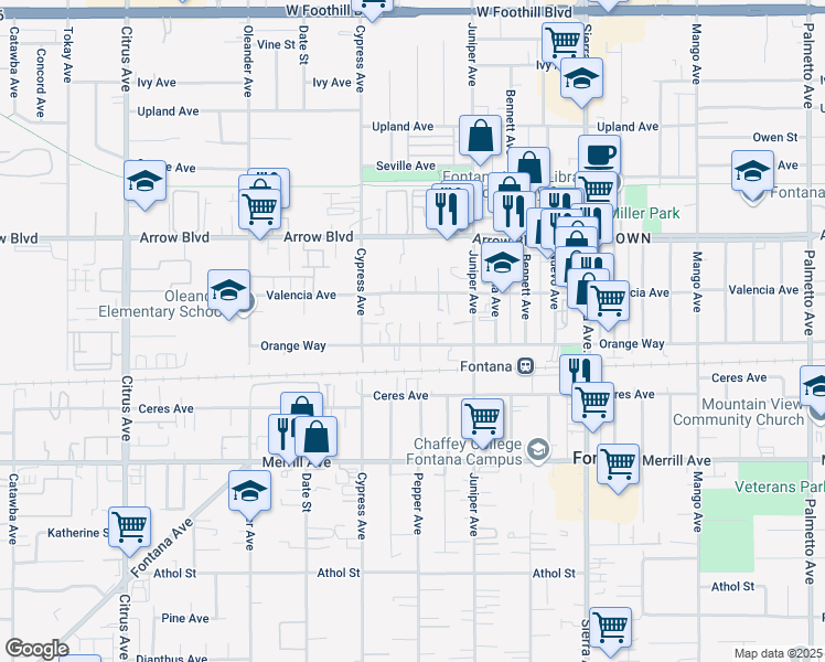 map of restaurants, bars, coffee shops, grocery stores, and more near 16594 Orange Way in Fontana
