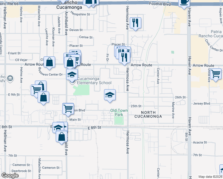 map of restaurants, bars, coffee shops, grocery stores, and more near 8649 Oak Drive in Rancho Cucamonga
