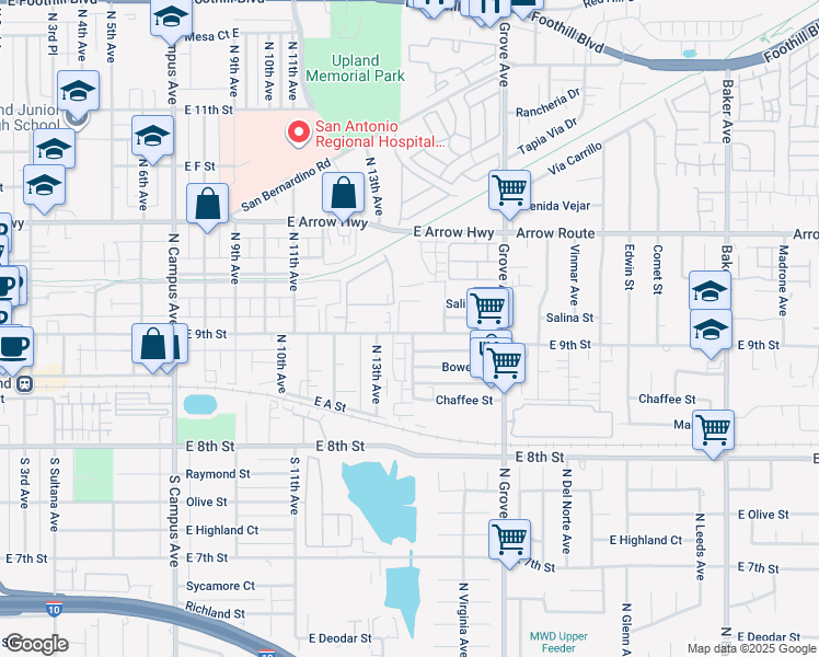 map of restaurants, bars, coffee shops, grocery stores, and more near 1315 East 9th Street in Upland