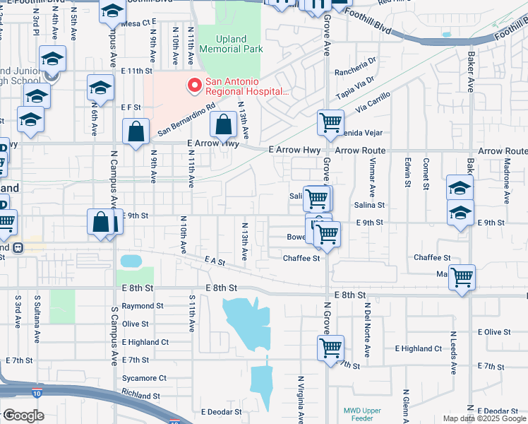 map of restaurants, bars, coffee shops, grocery stores, and more near 1315 East 9th Street in Upland