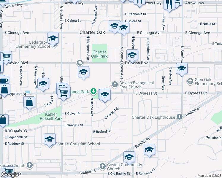 map of restaurants, bars, coffee shops, grocery stores, and more near 1635 Cypress Street in Covina