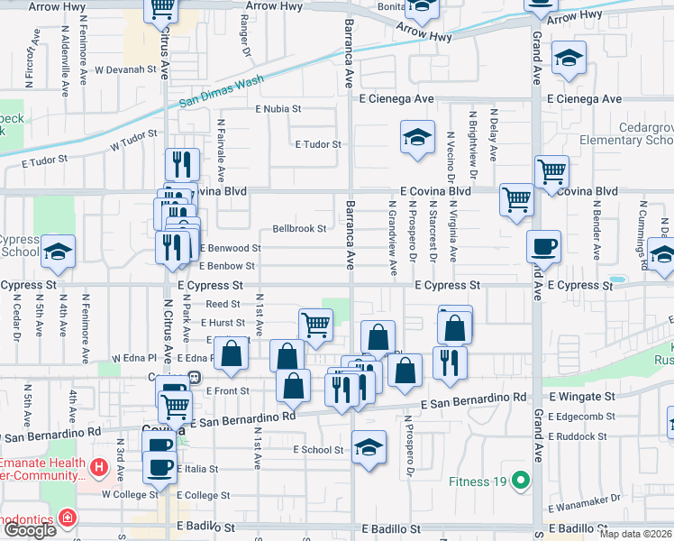 map of restaurants, bars, coffee shops, grocery stores, and more near 474 East Benbow Street in Covina