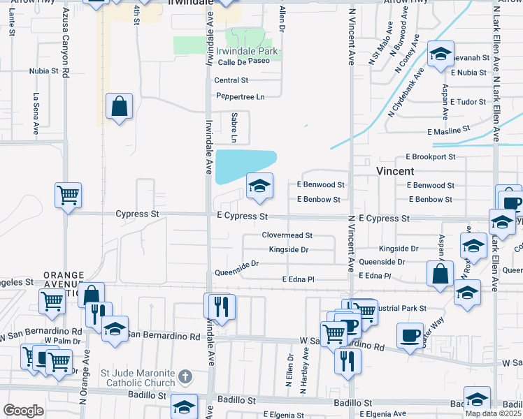 map of restaurants, bars, coffee shops, grocery stores, and more near 16125 Cypress Street in Covina