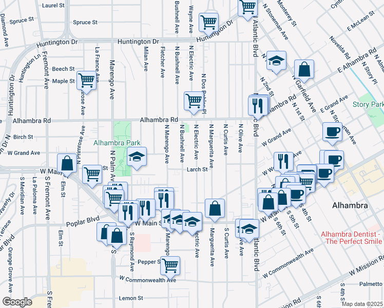 map of restaurants, bars, coffee shops, grocery stores, and more near 401 North Electric Avenue in Alhambra