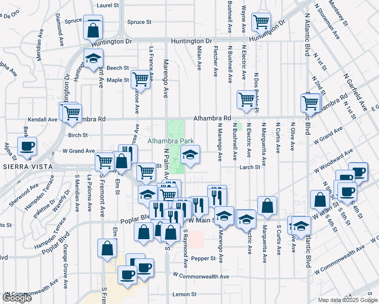 map of restaurants, bars, coffee shops, grocery stores, and more near 1901 West Grand Avenue in Alhambra