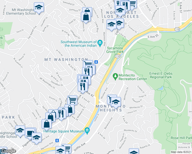map of restaurants, bars, coffee shops, grocery stores, and more near 116 Sycamore Park Drive in Los Angeles