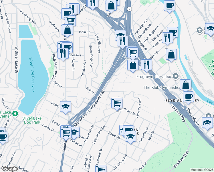map of restaurants, bars, coffee shops, grocery stores, and more near 2392 Allesandro Street in Los Angeles