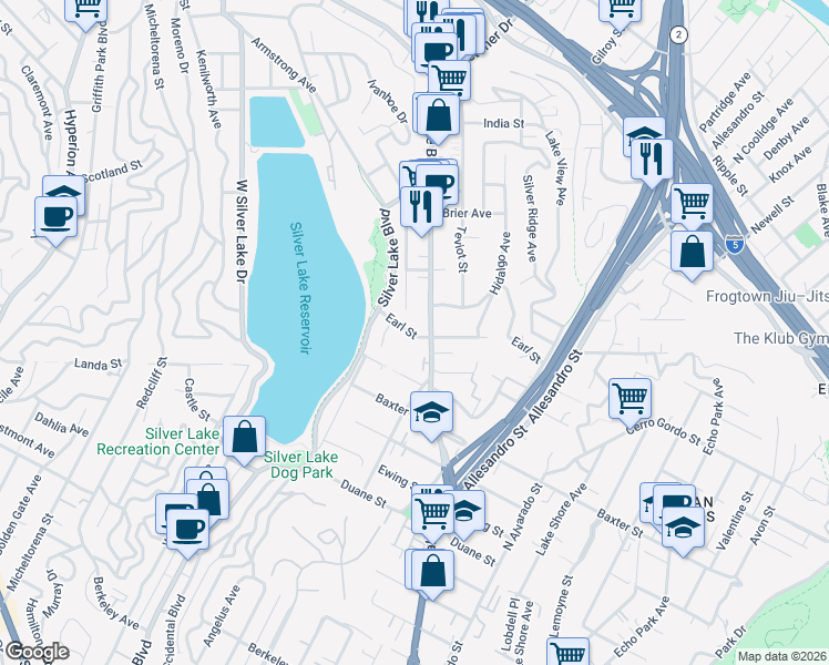 map of restaurants, bars, coffee shops, grocery stores, and more near 2419 Earl Street in Los Angeles