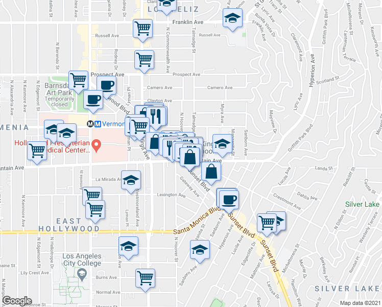 map of restaurants, bars, coffee shops, grocery stores, and more near in Los Angeles