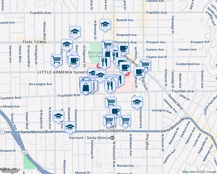 map of restaurants, bars, coffee shops, grocery stores, and more near 1335 North New Hampshire Avenue in Los Angeles