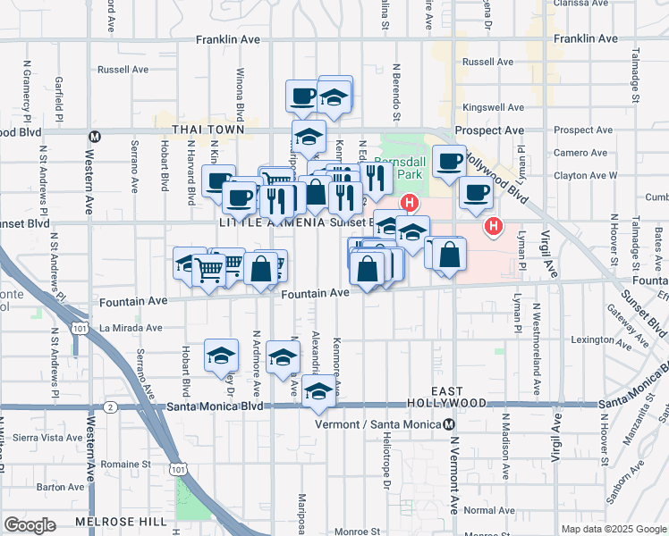 map of restaurants, bars, coffee shops, grocery stores, and more near 1337 North Kenmore Avenue in Los Angeles