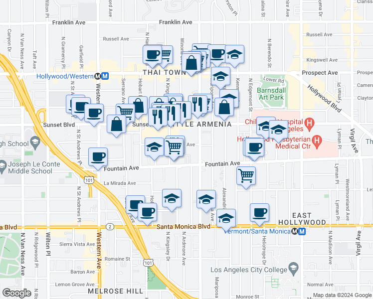 map of restaurants, bars, coffee shops, grocery stores, and more near 5136 De Longpre Avenue in Los Angeles