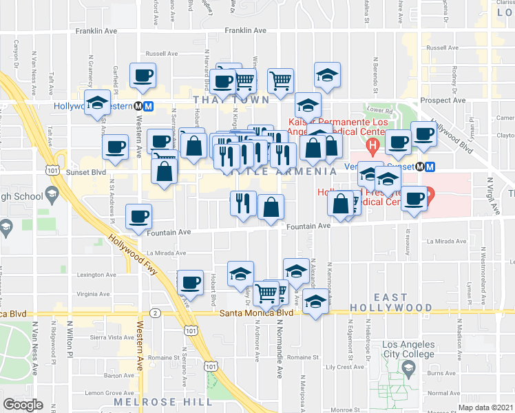 map of restaurants, bars, coffee shops, grocery stores, and more near 5136 De Longpre Avenue in Los Angeles