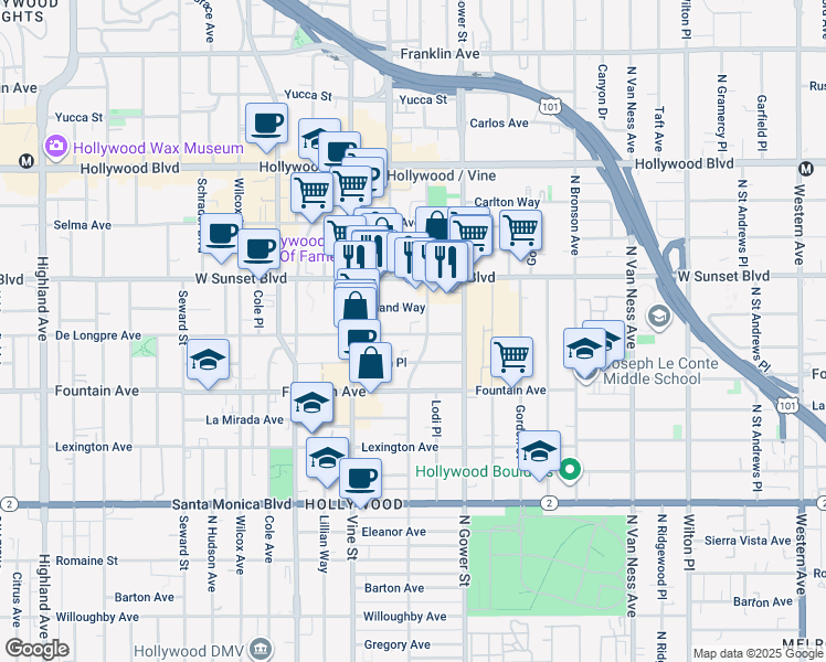 map of restaurants, bars, coffee shops, grocery stores, and more near 6219 De Longpre Avenue in Los Angeles