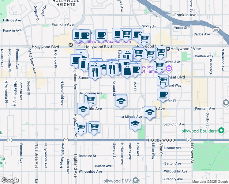 map of restaurants, bars, coffee shops, grocery stores, and more near 1403 Seward Street in Los Angeles