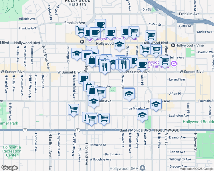 map of restaurants, bars, coffee shops, grocery stores, and more near 6651 De Longpre Avenue in Los Angeles