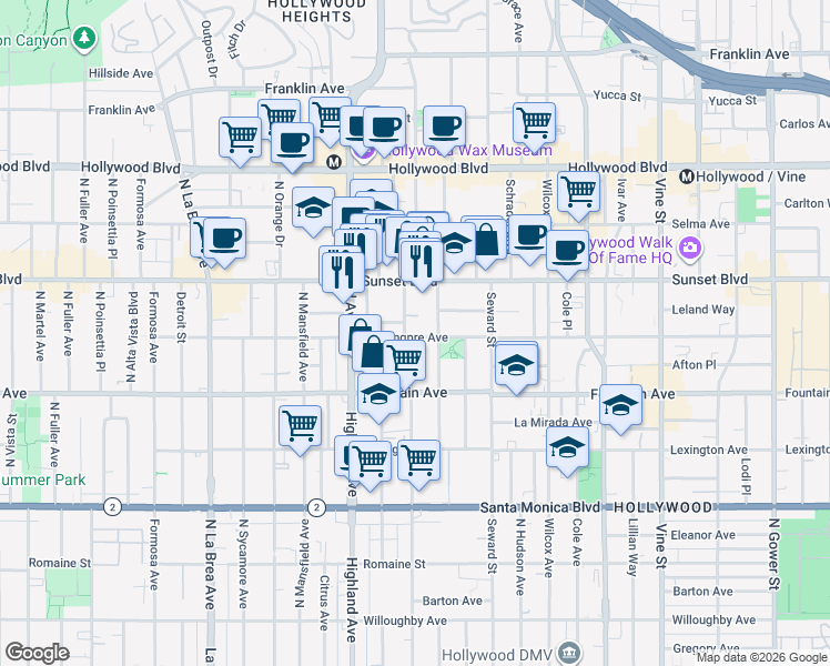 map of restaurants, bars, coffee shops, grocery stores, and more near 1408 North Las Palmas Avenue in Los Angeles