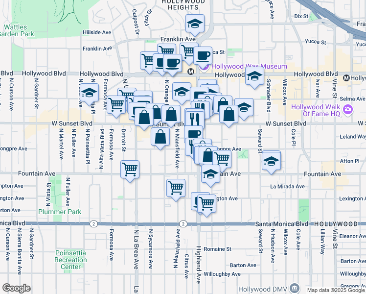 map of restaurants, bars, coffee shops, grocery stores, and more near 6823 De Longpre Avenue in Los Angeles