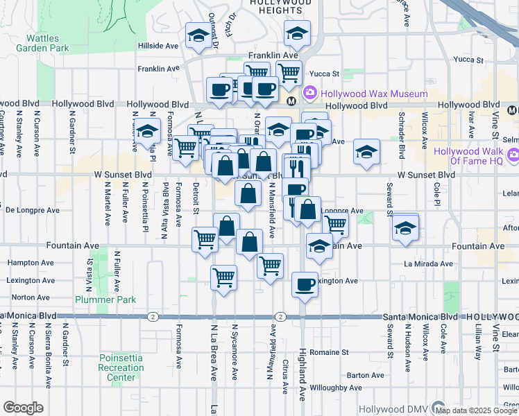 map of restaurants, bars, coffee shops, grocery stores, and more near 1411 North Mansfield Avenue in Los Angeles